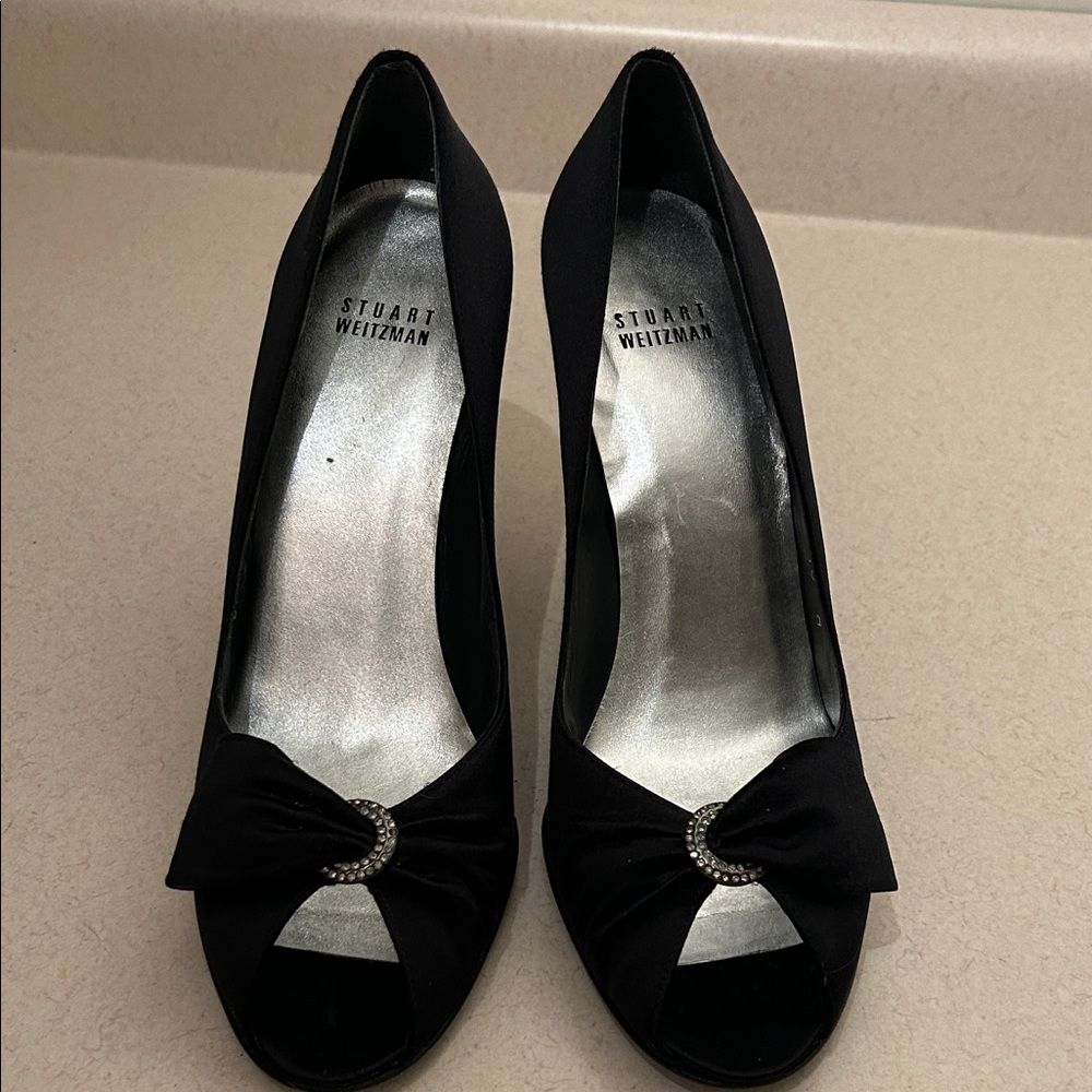 Stuart Weitzman Black Satin Peep Toe 3” Heels